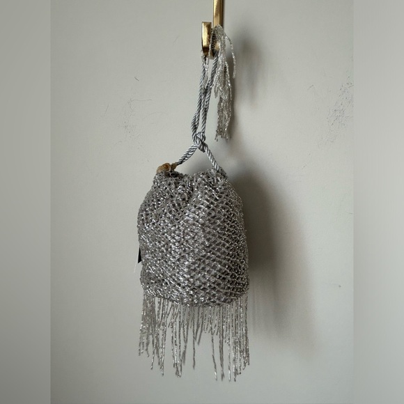 Handbags - Silver Beaded Clutch with Fringe